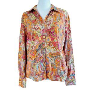 Vintage Y2k Talbots Orange Paisley Floral Button Up Cotton Blouse Womens Sz M US